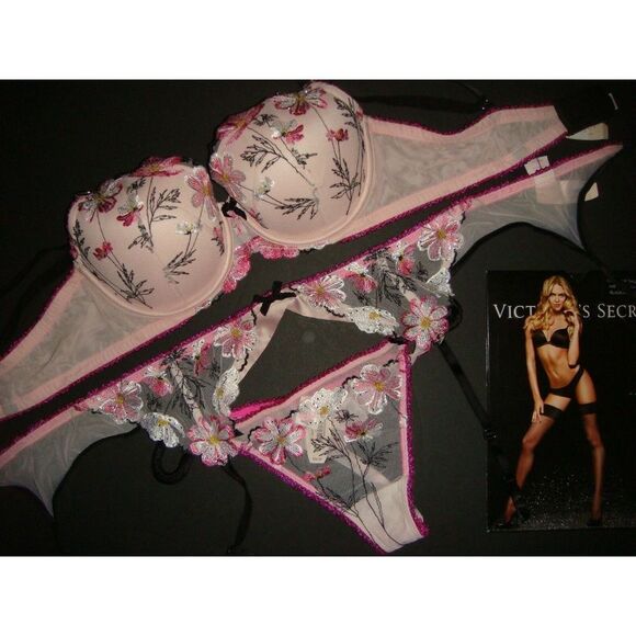 Victoria's Secret 34C,34D,36C BRA SET+garter FLORAL embroidered daisy PINK black
